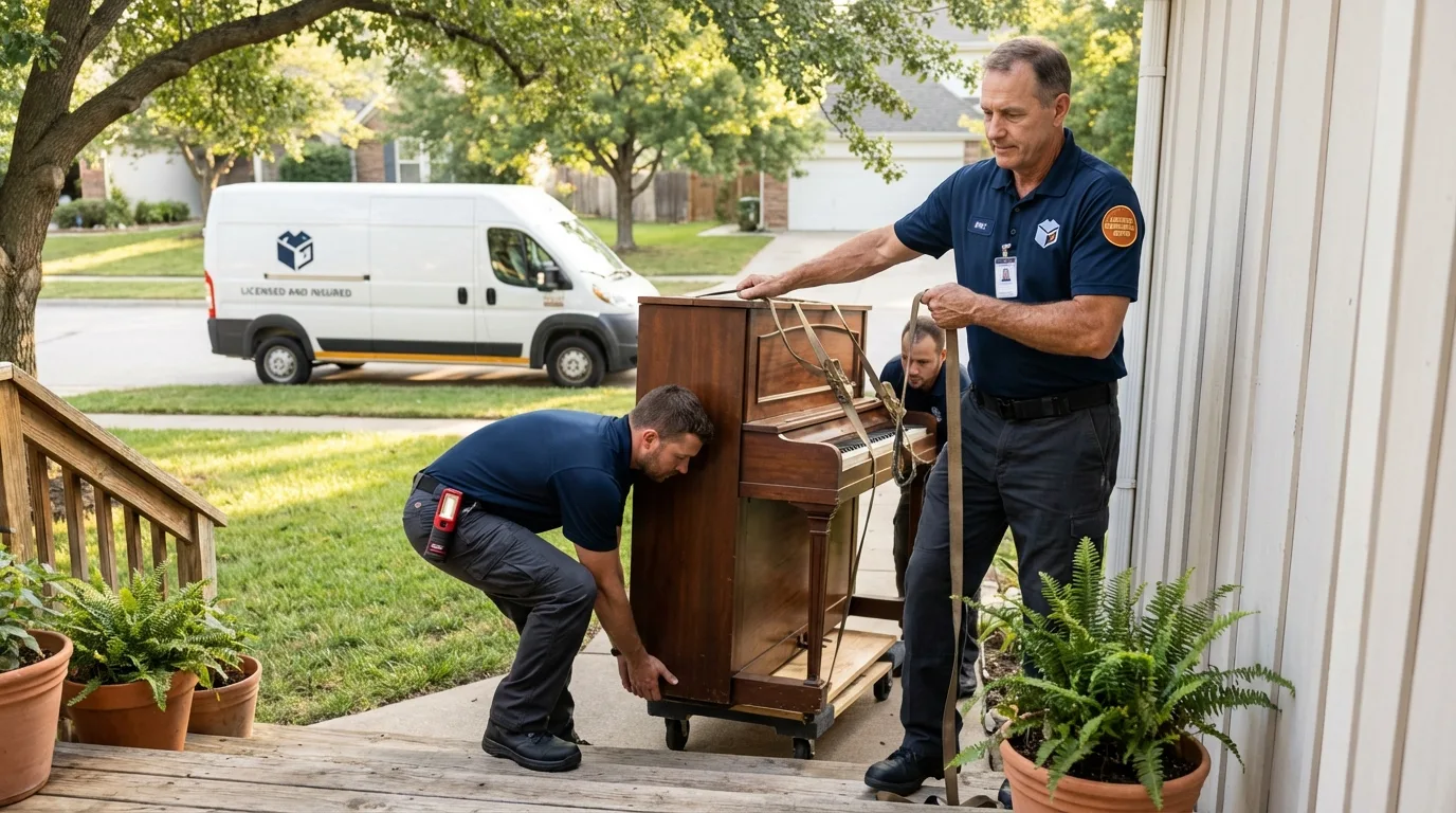 Licensed piano movers securing grand piano in Cuba, IL