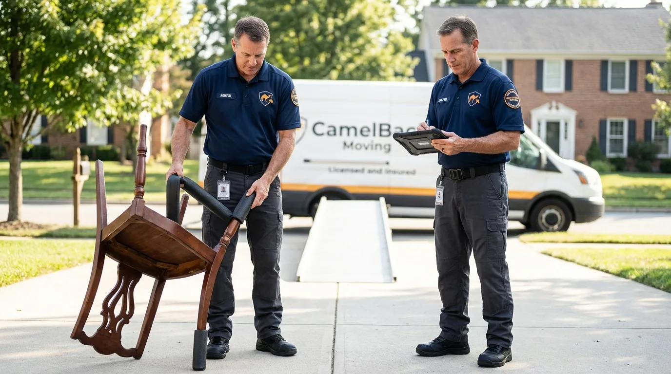 Movers inspecting furniture for damage prevention before loading in Cuba, IL